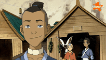 a nickelodeon cartoon of a boy standing in front of a wooden house