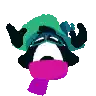 a pixel art drawing of a person 's head with a purple r in the middle