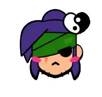 a cartoon character with a purple hat and a green bandage on his face