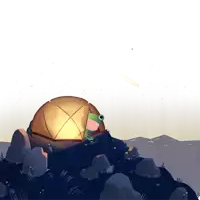 a frog sits in a tent on top of a rocky hill