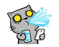 a cartoon cat is holding a glass of water and a cell phone