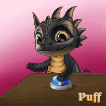 a cartoon of a dragon pressing a button with the name puff on the bottom right