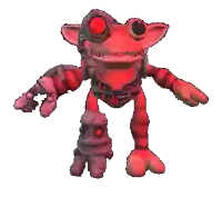 a red robot with big eyes and a skull on its head