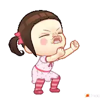 a cartoon girl in a pink dress and pink striped boots is making a funny face .