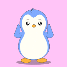 a blue and white penguin on a pink background with its arms outstretched