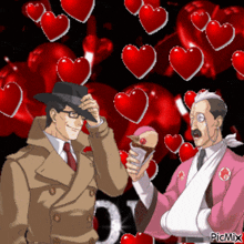 two men are standing next to each other with hearts in the background and the word picmix at the bottom right
