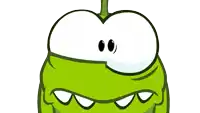 a green cartoon character with big eyes and a white mouth