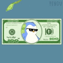 a 100 dollar bill from the united states of america with a penguin on it