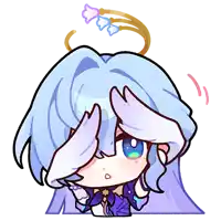 a cartoon drawing of a girl with blue hair and a halo around her head