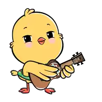 a cartoon chicken is playing an ukulele with a smiley face on it