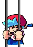 a pixel art of a cartoon character behind bars
