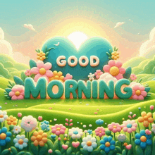 a cartoon illustration of a field of flowers with the words good morning