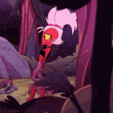 a cartoon character with white hair and red legs stands in a forest