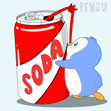 a penguin is drinking soda from a can with a straw