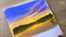 a painting of a sunset with the words made in animotica on the bottom