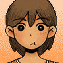 a pixel art drawing of a girl with brown hair and a sad look on her face