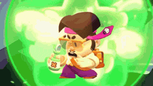 a cartoon character is holding a bottle with a cross on it .