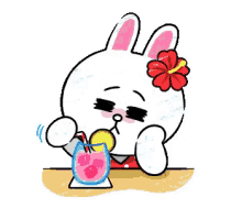 a cartoon rabbit with a flower on its head drinking a drink with a straw