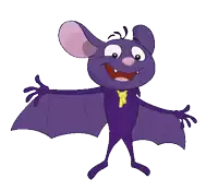a purple cartoon bat with a yellow letter p on his chest