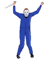 a pixel art drawing of a man in a blue suit holding a knife