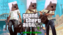 a poster for grand theft auto 5 shows three men with cats on their heads