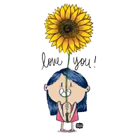 a drawing of a girl holding a sunflower with the words love you written below her