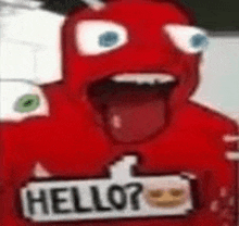 a red cartoon character is holding a sign that says `` hello ? ''