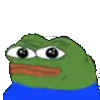 a pixel art of a green frog with big eyes and a blue shirt on .