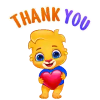 a cartoon lion holding a heart with the words thank you below it
