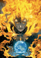 a painting of a woman holding a globe with flames behind her