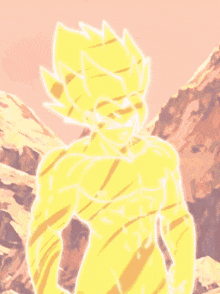 a cartoon character with a yellow and orange glowing body is standing in front of mountains