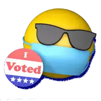 a smiley face wearing sunglasses and a mask next to a i voted sticker