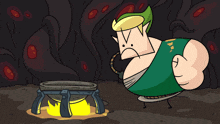 a cartoon of a man in a green shirt standing next to a pot