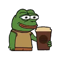 a cartoon frog is holding a cup of cmas coffee