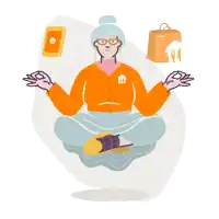 an illustration of an elderly woman sitting in a lotus position with a phone and a bag in the background