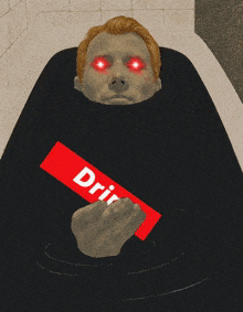 a man with red eyes is holding a red box with a white letter d on it