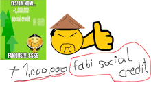 a cartoon of a man with a thumbs up next to a sign that says " yes im now +1,000,000 social credit "