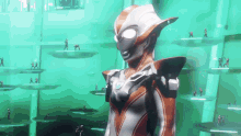 a man in a futuristic suit stands in front of a green wall