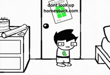 a cartoon of a boy standing in front of a door that says beta on it