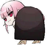a cartoon girl with pink hair and red eyes is standing in a black skirt .