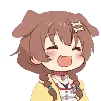 a cartoon girl with brown hair and a dog 's ears is smiling with her mouth open .