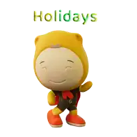 a cartoon character wearing a yellow hat with the word holidays above it