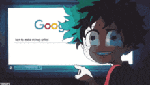 a cartoon character is pointing at a google screen