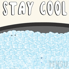 a cartoon penguin is laying in a pile of ice cubes with the words stay cool above it
