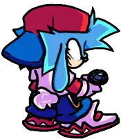 a cartoon character with blue hair and a red hat is wearing a purple shirt and holding a microphone .