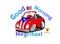 a cartoon car with the words good morning negritas
