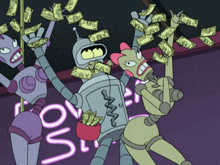 a cartoon of a robot holding a bucket full of money