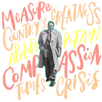 a man in a trench coat is surrounded by the words measure greatness
