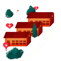 a row of houses with red roofs and red hearts with white crosses on them