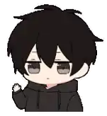 a cartoon boy with black hair is wearing a black hoodie and giving a fist bump .